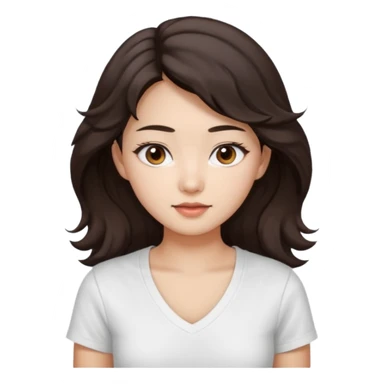 iOS style emoji. A girl with very long dark brown wavy hair. And the eyes color is dark brown. And she is wearing white t shirt with V kneck. And she is 30. She is Asian with double eyelids  sticker