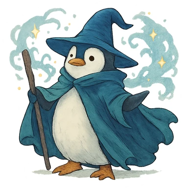 ghibli style penguin wizard with a flowing cloak and magical aura sticker