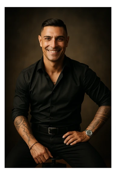 Realistic and cinematic style portrait of a man conveying physical and mental well-being: open posture, authentic smile, relaxed and bright gaze, details suggesting positive energy and inner harmony. Aspect ratio 2:3. sticker