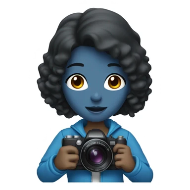 a girl with black hair, in a blue jacket, holding a camera in her hands sticker