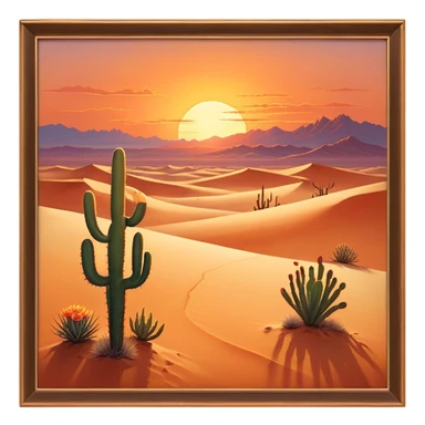 Cinematic Realistic Desert Emoji, Expansive and arid, with vast stretches of golden sand dunes and scattered cacti, the sun casting a warm, almost orange glow over the dry, cracked earth. The horizon blurs into a heat shimmer, while the occasional desert flower adds a splash of color to the barren landscape. Soft glowing outline, capturing the essence of the harsh yet stunning beauty of the desert, calm and quiet, filled with silence and mystery. sticker
