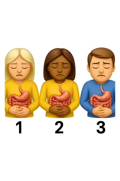 emoji stile iphone di 3 persone, due donne e un uomo, con intestino realistico e mal di pancia, sulle donne ci sono i numeri 1, 2 e sull'uomo il 3, iperrealistico 4k sticker
