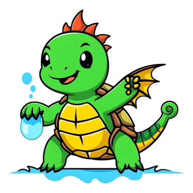 A menacing turtle with spiked shell, dragon-like wings spread wide, fangs bared, sharp claws extended, shooting water and steam sticker