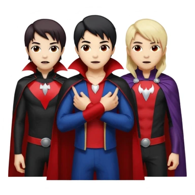 Solo poly platonic relationship, one is south African girl, one is Asian boy, one is biracial features Asian tomboy girl with anime short hair with long hair, vampire and marvel cosplay elements inspired. Could we can less human skin seems so it does not seem racist or something, use marvel colours  sticker