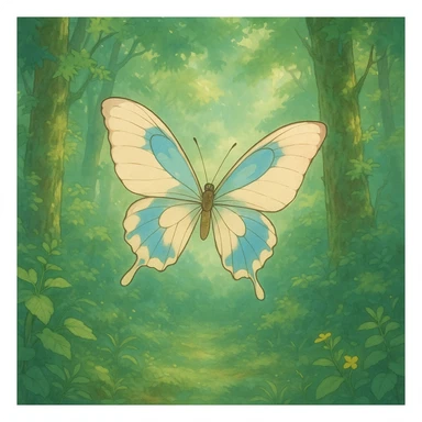 ghibli style butterfly in a lush forest, soft colors, magical atmosphere sticker
