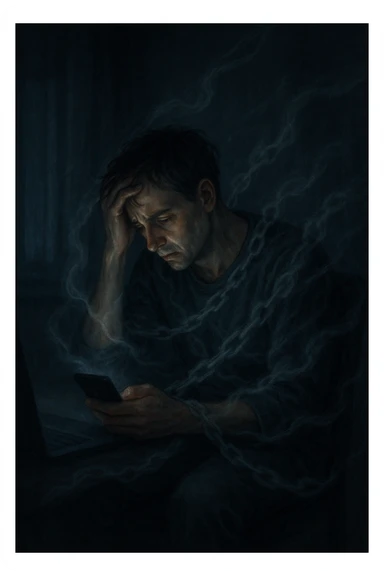 a man sits alone in a dimly lit room at night, illuminated only by the glow of a computer or phone screen. His posture is slouched, and his expression is tired and troubled. Around him, faint, ghostly chains or shadows subtly wrap around his body, symbolizing addiction and emotional distress. The background is blurred, emphasizing isolation and discomfort. in italiano sticker