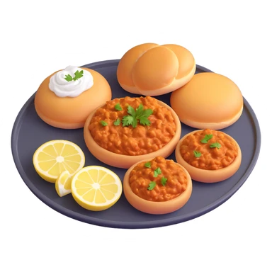 Isometric 3D pav bhaji emoji on steel plate, thick bhaji with butter, two pav buns, onions, lemon wedge, vibrant, shiny, soft shadows, warm plain background sticker