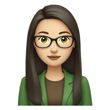 White woman with long dark brown straight hair and green eyes using glasses writing sticker