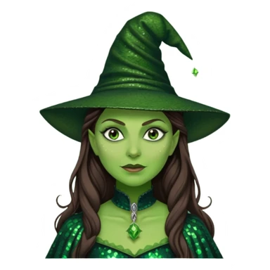 Elphaba, Wicked Witch of the West from The Wizard of Oz with long brown hair, dark green sequin outfit, green skin sticker