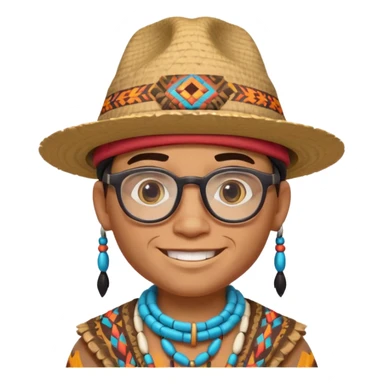 cute Indigenous tribal male character portrait, head and shoulders only, wearing glasses, stylish hat, friendly smile, colorful tribal patterns, 3D cartoon, mobile game icon style, clean background, no text, no watermark
 sticker