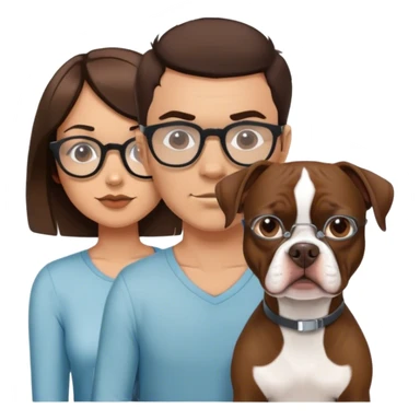 brunette hipster man w wire glasses and brunette girl with bob and a brown pitbull boston terrier  sticker