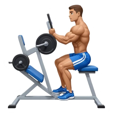 side-view bodybuilder in blue shorts seated weighted calf-raise machine on his tip toes sticker