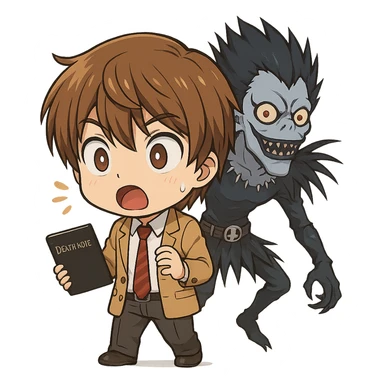chibi style Light Yagami from Death Note surprised expression, Ryuk in the background, brown hair, school uniform sticker