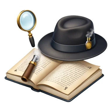Icon for Detective Reading: an open book with text and a magnifying glass, a detective’s hat and a notebook with clues, surrounded by dark shadows and mysterious elements like footprints and a smoking pipe. Transparent background. sticker