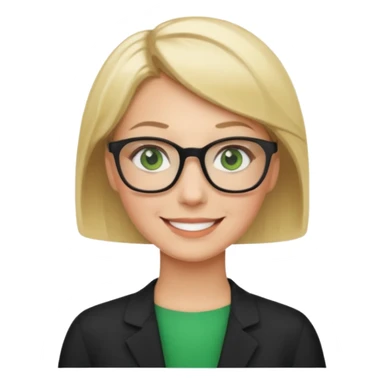 blonde teacher with short hair and green eyes and black glasses smiling sticker