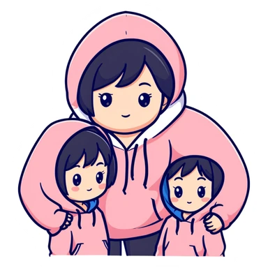 Two adorable Japanese girls with black hair wearing casual Western clothing like hoodies or blouses, their cheeks touching, kawaii style sticker