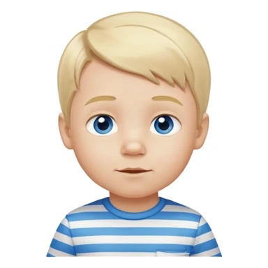 Toddler boy with blonde hair and blue eyes with a white and blue striped shirt on sticker