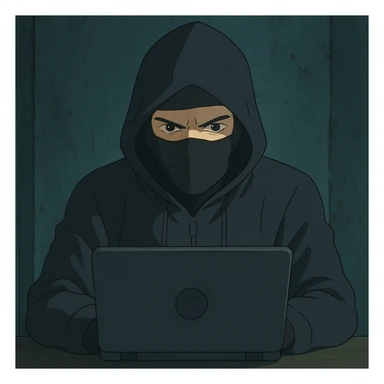 A vigilante hacker in dark clothing behind the labtop view from the front sticker