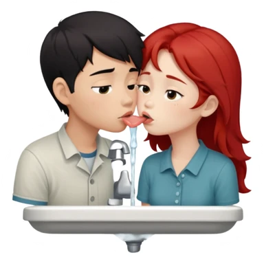 asian black haired boy kisses redhead girlfriend by broken sink sticker