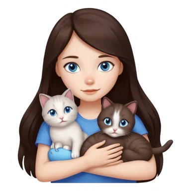 a pretty girl with long dark 
brown hair, with blue eyes, hugs 3 different natural coloured small cats sticker