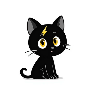 cute black cat with big yellow eyes, thunder scar on forehead like Harry Potter sticker