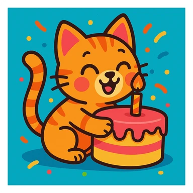 colorful cartoon style animated kitten hugging a birthday cake sticker