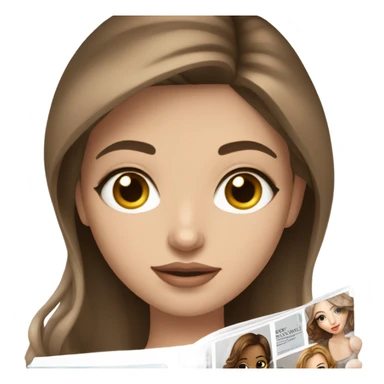 pretty girl with white skin and brown hair reading a fashion magazine with girl on the cover of the magazine sticker