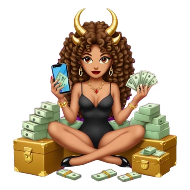 seductress evil brown curly haired sexy drug lord woman with  glitter platform high heels on her feet,  and devil black horns on her head, holding a stack of cash, has a phone in other hand. Sitting on  Cases of drugs. Goddess evil sticker