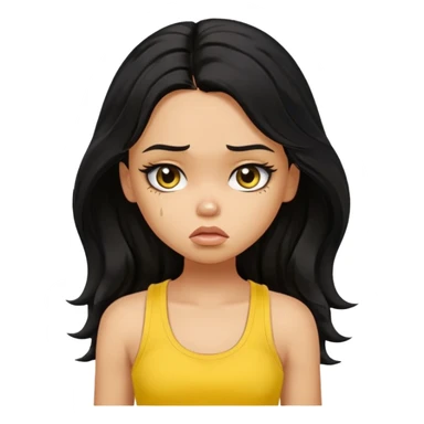 a pretty bratz girl with long wavy black hair, wearing a yellow tank top. looking sad sticker