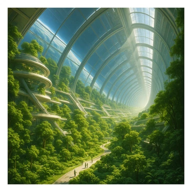 Elysium space station, interior view, lush greenery, futuristic architecture, sunlight streaming in, utopian vibe sticker