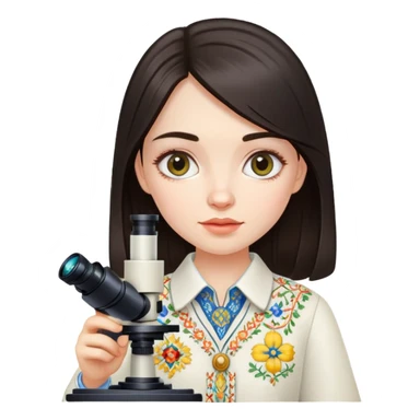 Ukrainian girl with dark hair in traditional embroidered shirt holding a microscope sticker