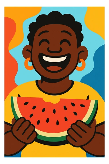 a Black person holding watermelon, laughing, warm and welcoming, colorful and playful sticker