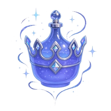 mažas prabangus eliksyro buteliukas, karūnėlės forma, spalva #7986cb, sidabrinės ir holografinės detalės, daug magiškų efektų, labai mažas kaklelis, vientisas dugnas, buteliukas plūduriuoja ore, be pagrindo ar šešėlio, modernus, kolekcijai tinkamas sticker