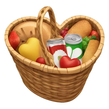 Heart shaped picnic basket with food in it and a white bow on it sticker