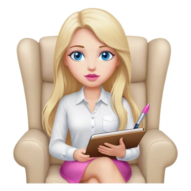 Cinematic realistic blonde with long hair, blue eyes and pink lips, sitting in a beige armchair with a notebook and pen in her handsshirt, sits in a beige armchair with a notebook and pen in her hands sticker