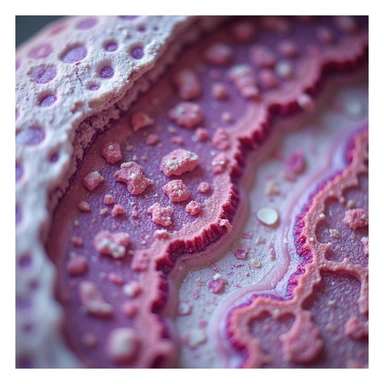 close-up of endometrial tissue under microscope, highlighted inflammatory cells, vivid colors showing inflammation, scientific style, white background sticker