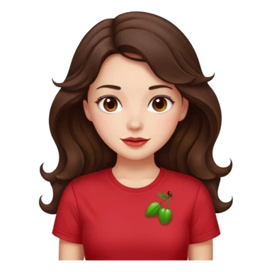 Brunette girl with long wavy hai length hair and blush, wearing cherry red tshirt sticker