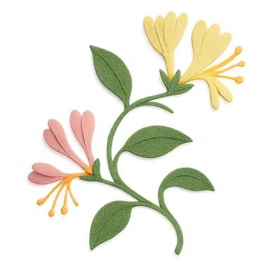 honeysuckle vine, layered paper details, winding green stems, delicate yellow and pink blossoms, naturalistic pose sticker