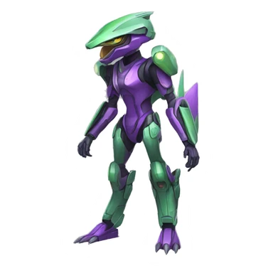a purple-green Genesect-Raptor-Fakémon—hybrid with a futuristic visor-helmet full body sticker
