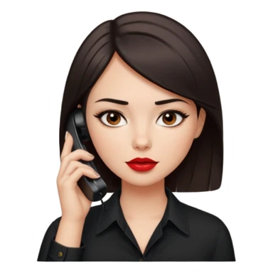 generate a pretty fair bratz girl with dark brown eyes. Dark brown hair straight short hair. tight black button up shirt with top shirt open.  Talking on the phone. Red lipstick, eyeliner on sticker