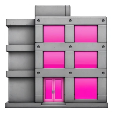 brutalist gray concrete block building with one neon pink window sticker