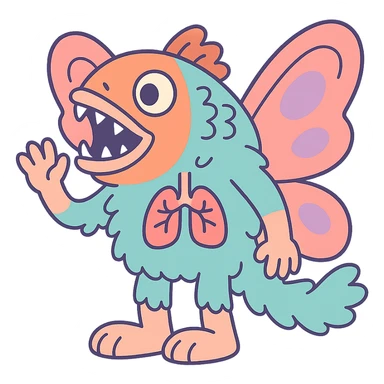 piranha with butterfly wings, rabbit feet, fluffy fur, human-like arms, visible lungs, pastel colors sticker