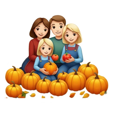 family picking apples and pumpkins together, autumn background, joyful sticker