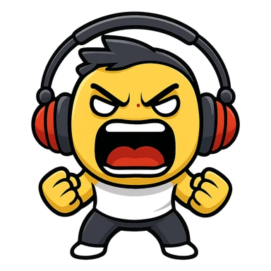 Make the bold guy with headphones look angrier and more intense while screaming in the style of cartoonish stickers. sticker
