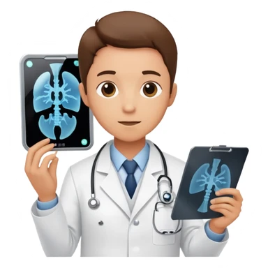 A medical professional in a white lab coat examining an X-ray film, wearing a radiation badge sticker