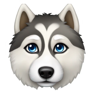 The face of a black, white, and tan Fluffy Siberian husky with blue eyes. Tan above the eyes and on the side of the face. White around the nose and up between the eyes. Black surrounding the areas sticker