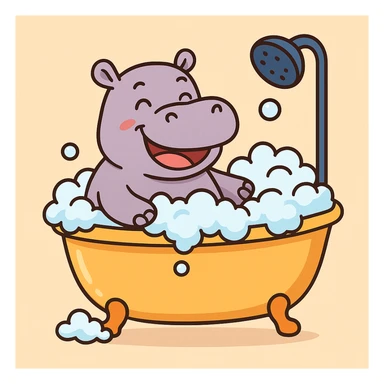 color vector art with thin outline of happy hippo with bubbles in bathtub sticker