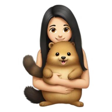 happy-girl-who-is-black-hair-and-hugging-happy-quokka sticker