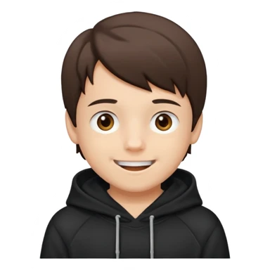 A brunette boy, short straight hair, light brown eyes, with a black sweatshirt with a hoodie, and smile without teeth  sticker