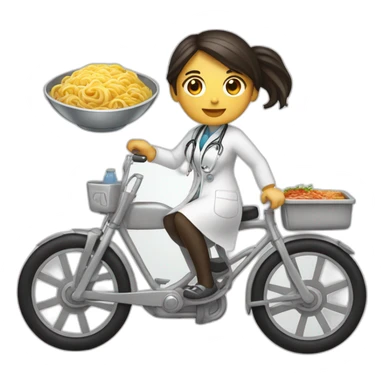 long and dark hair female doctor with a ramen bowl in her hand and riding a chrome bicycle sticker